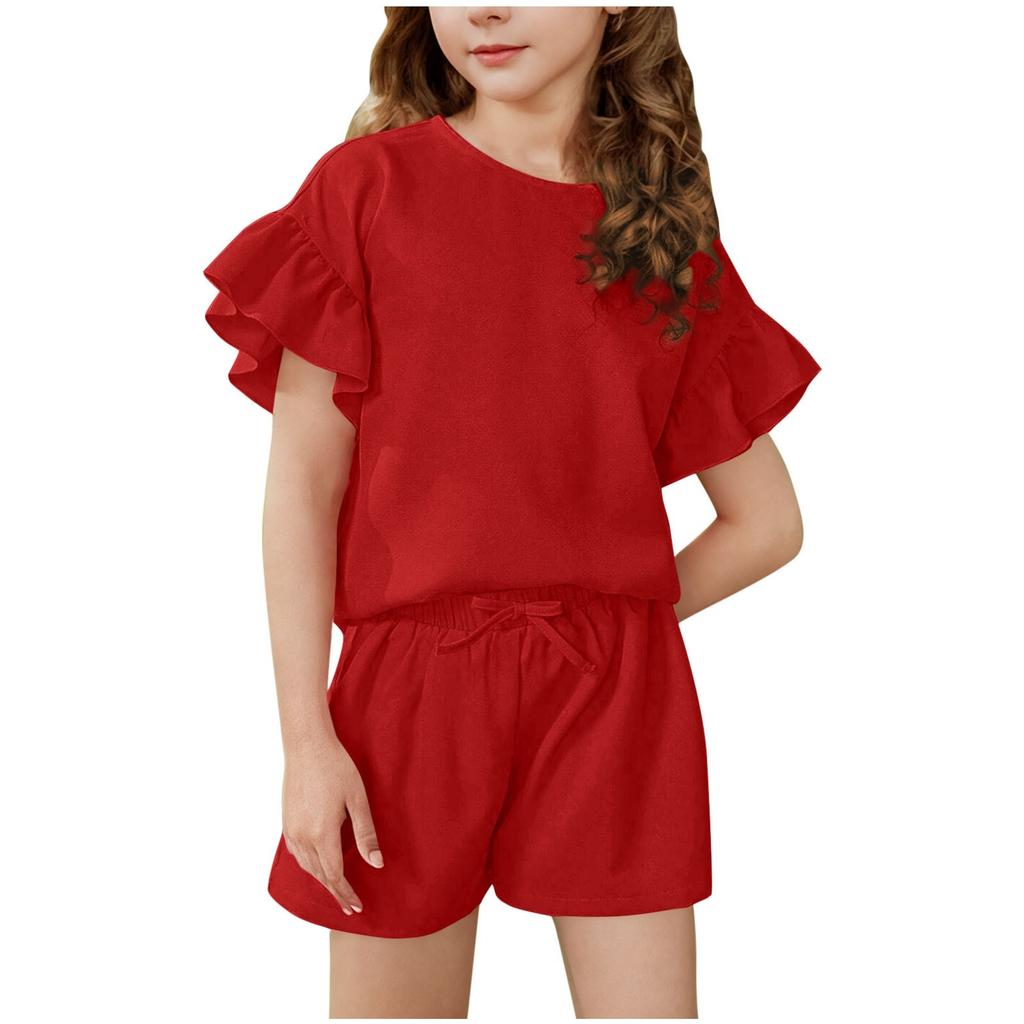 A Two-piece Set Of A Light, Solid-color Casual Sports Top With Ruffled Short-sleeved Round Neck And Shorts For Medium And Young Children In Summer
