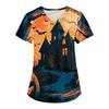 Women's Halloween Printed V-Neck Short Sleeve Scrub Top with Pockets