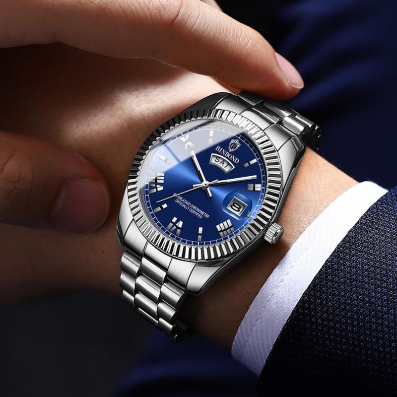 Montre classique pour homme, étanche, mode, acier inoxydable bleu, calendrier automatique, semaine, lumineuse