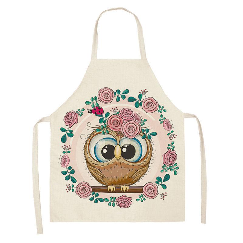 Owl Sleeveless Chef Apron Linen Floral Print Kitchen Decoration Apron Women'S Home Cooking Baked Waist Bib