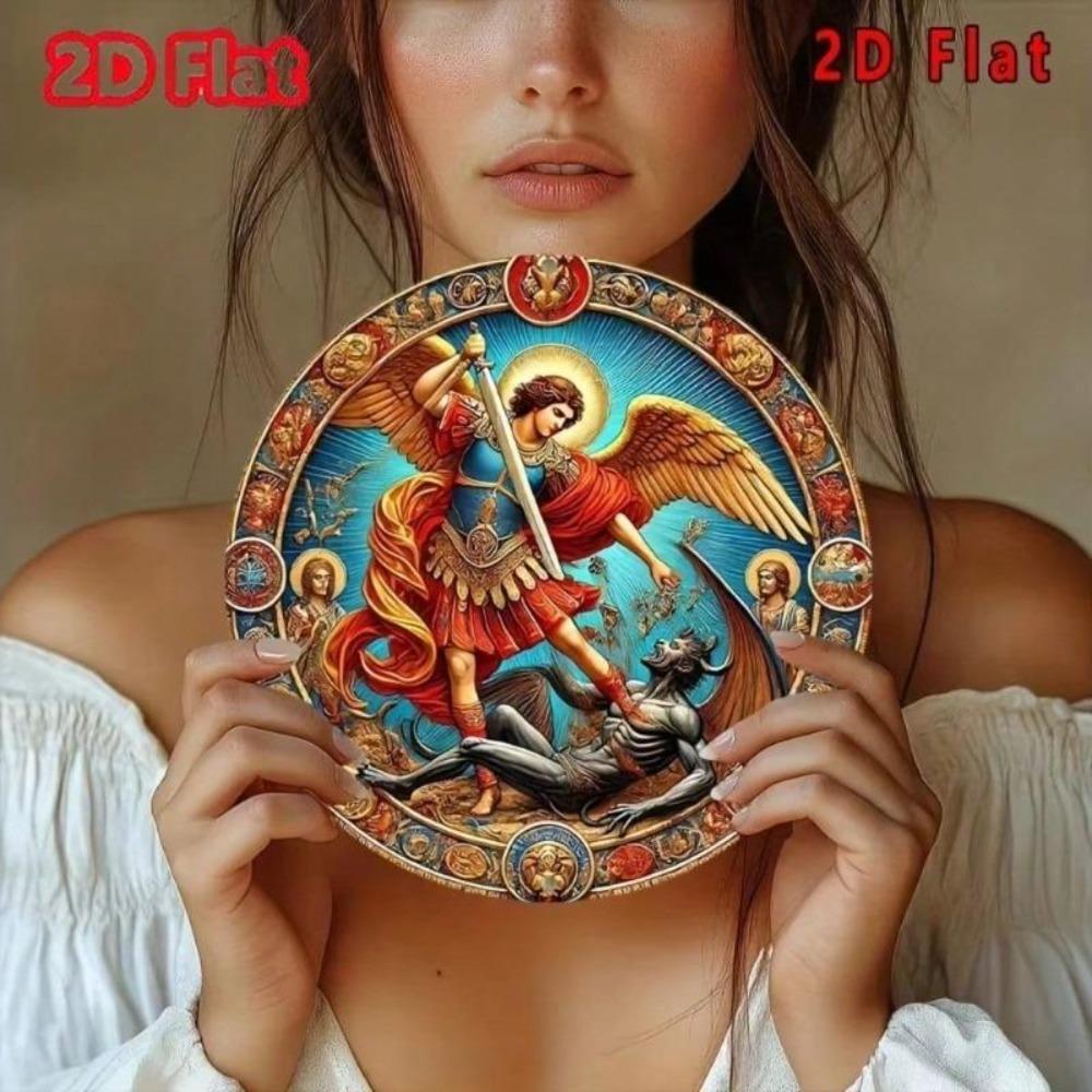 Flache Runde Metall Wanddekoration 2D Vintage Kunstwerk Erzengel Michael Dämon Aluminiumschild 8x8 Zoll
