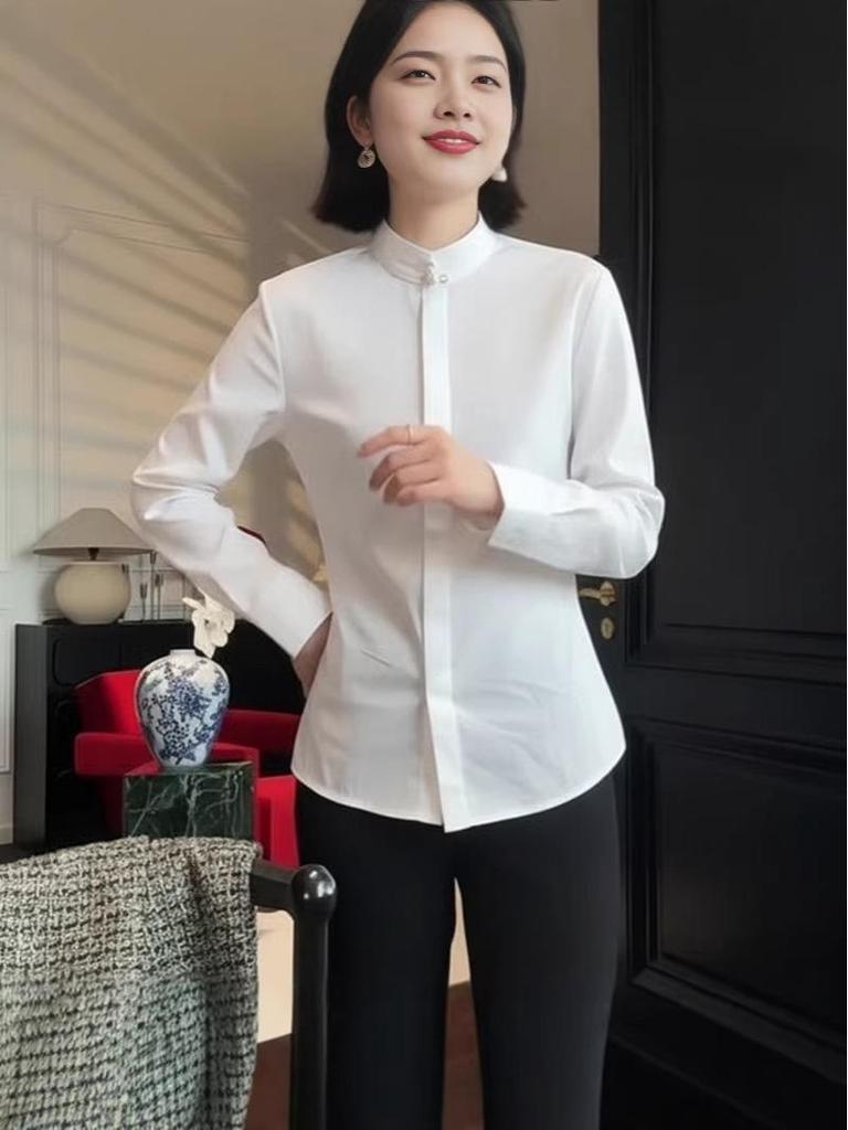 2026 Spring Women's Stand Collar White Shirt - Elegant, High-End Chinese Style Top