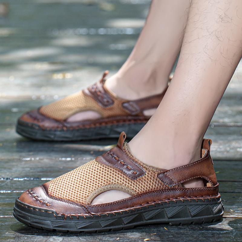 New Large Size Men's Casual Single Shoes Spring and Autumn Mesh Hollow Shoes Breathable Fashion Hand-sewn Men's Shoes