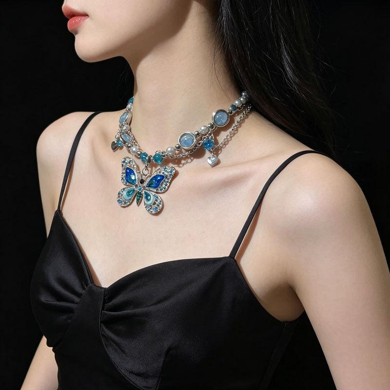 Spice Girl Blue Butterfly Tassel Diamond Beaded Necklace Female Niche Temperament Retro Design Sense Premium Necklace