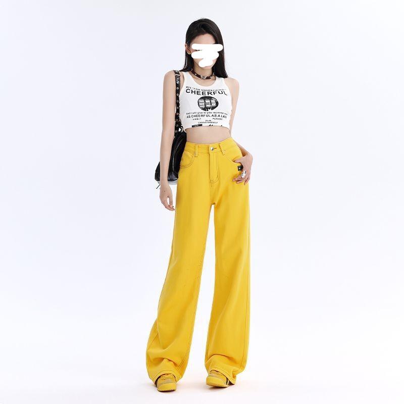 

Женские желтые вышитые джинсы широкого кроя — высокая талия, свободный крой, уличный стиль, идеально подходят для весны и лета. Small жёлтый