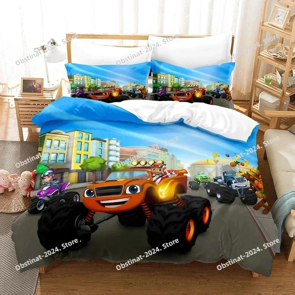 Set de așternut Blaze Cartoon Monster Machines Cearșaf de plapumă imprimat single Huse de pernă Seturi de 3 piese Dimensiuni pentru copii și adulți