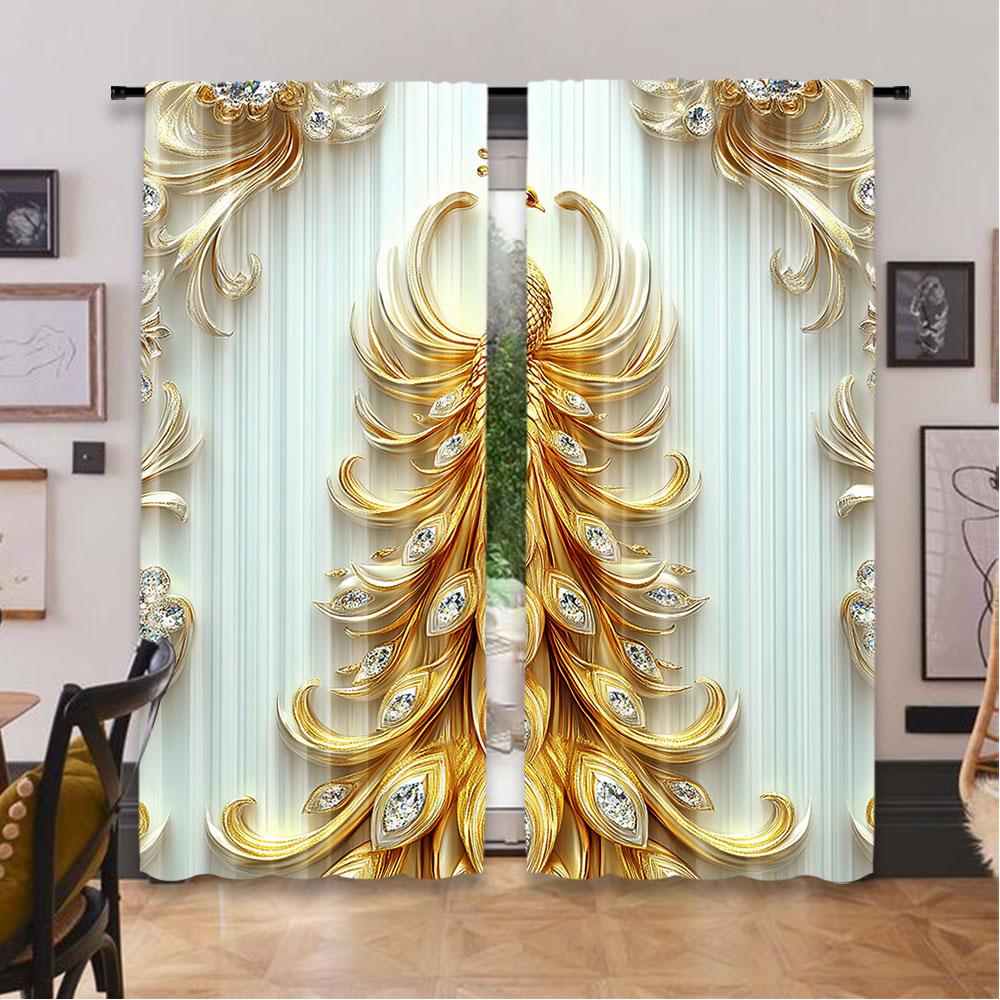 2Pcs Beautiful Golden Peacock Printed Curtains Design Suitable For Bedroom Kitchen Dining Room Living Room Study Office Bathroom