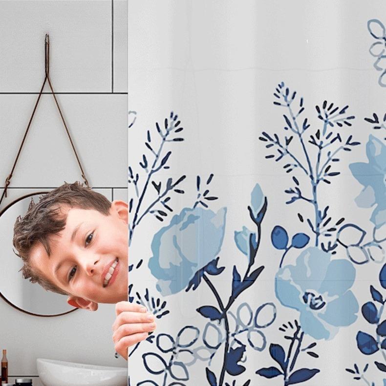 Shower Curtains Blue Flower Print Peva Fabric Water Resistant Dry-Wet Separation Bathroom Curtain Retro Classic Style 200Cm