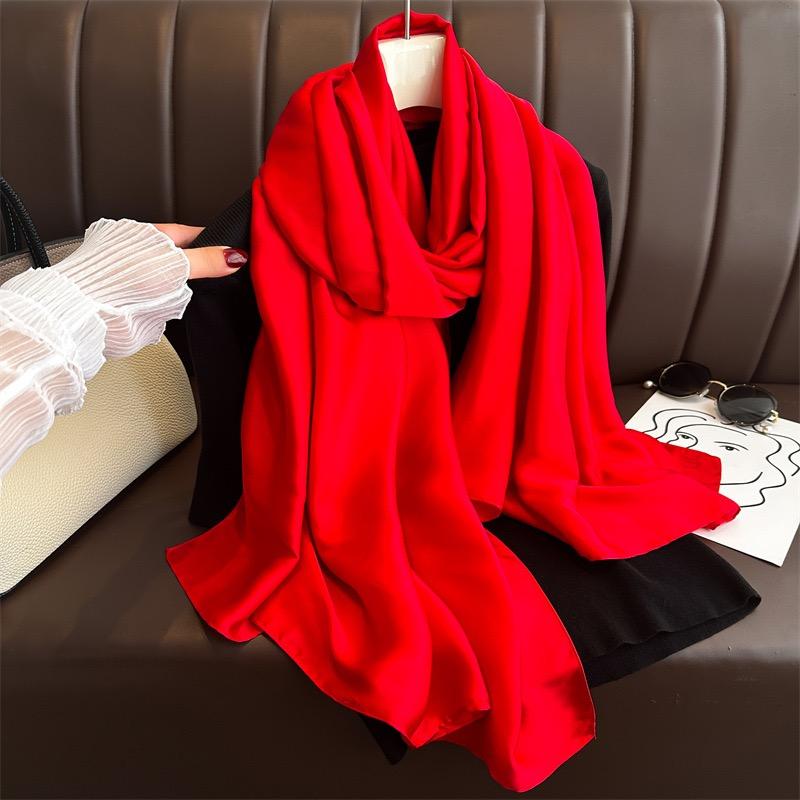 Plain Solid Basic Design 100% Silk Feeling Scarf for Women 180x90cm Shawl Wrap Luxury Female Hijab Headband Foulard Beach Stoles