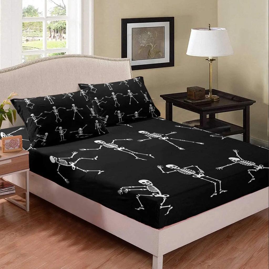 3D Dead Sugar Skull Girl Kissing Skull Home Bed Fitted Sheet Set Soft Microfiber Breathable Bedding All-Round Elastic Pocket