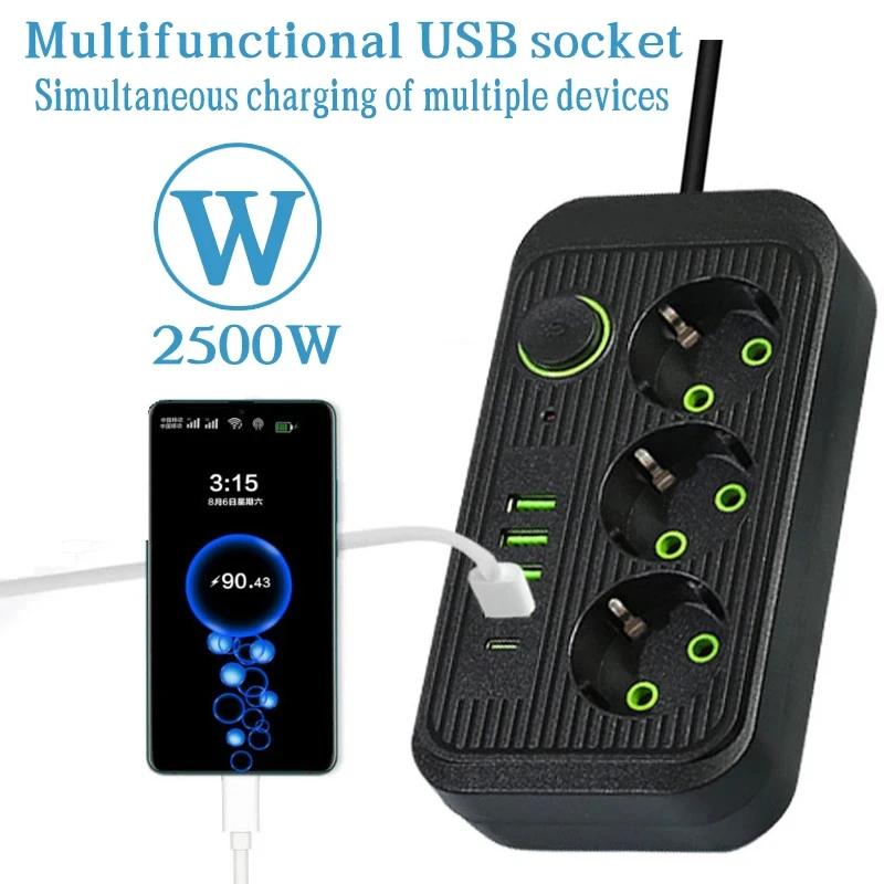 F14U F20U EU Plug Power Strip 2M Extension Cable 4/8 AC Outlets Electrical Socket With USB Type C Network Filter Fast Charging