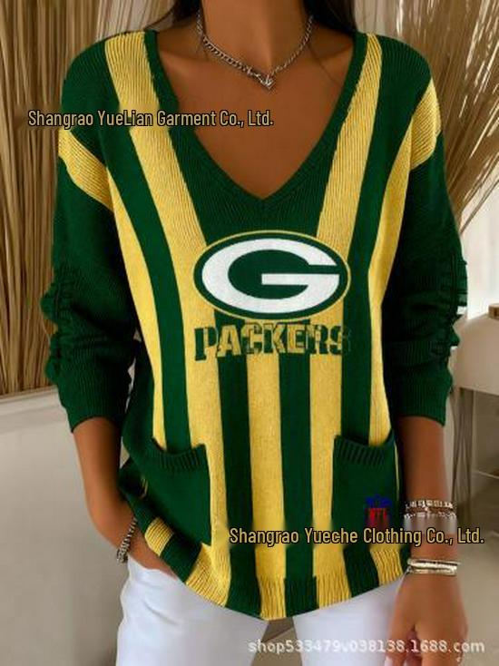 2026 Stylish European & American V-neck Knit Sweater with Digital Print - Casual & Versatile