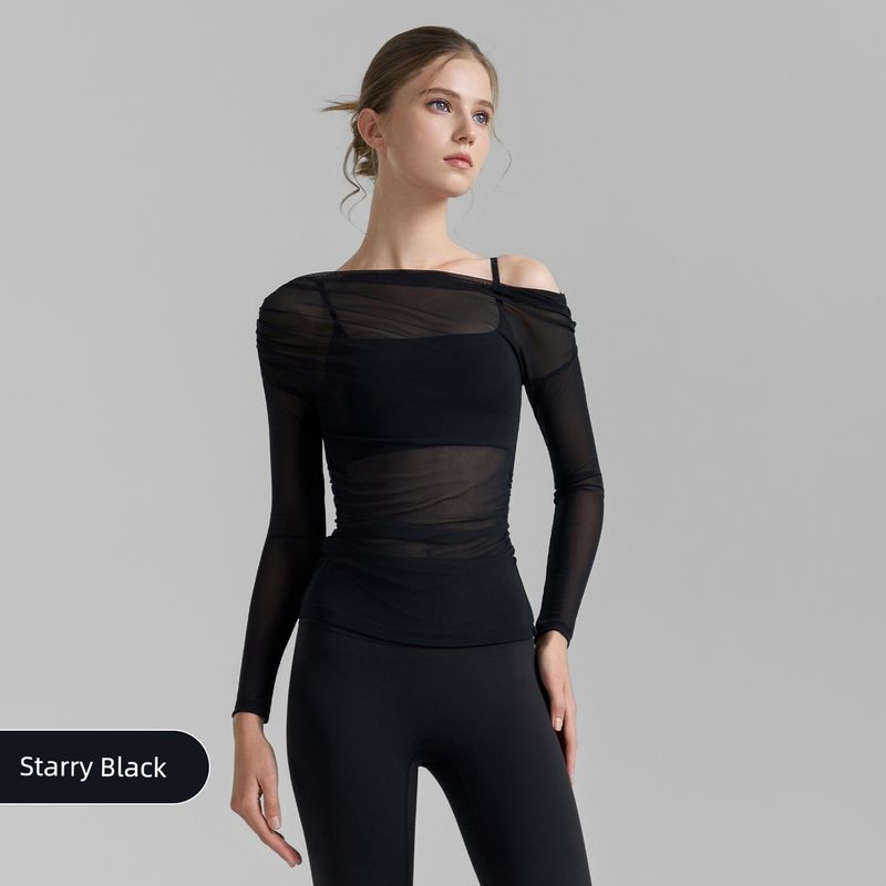 

Sexy Mesh Yoga Clothes Long Sleeves Fake Two-Piece with Chest Pad Tight High Elastic Pilates Workout Clothes Tops Women s T-shirt Starry Black (single blouse) S