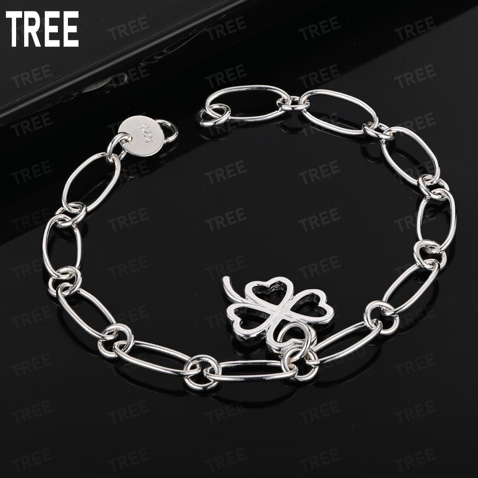 925 Sterling Silver Simple Four-Leaf Clover Side Chain Beautiful Bracelet Gift Jewelry