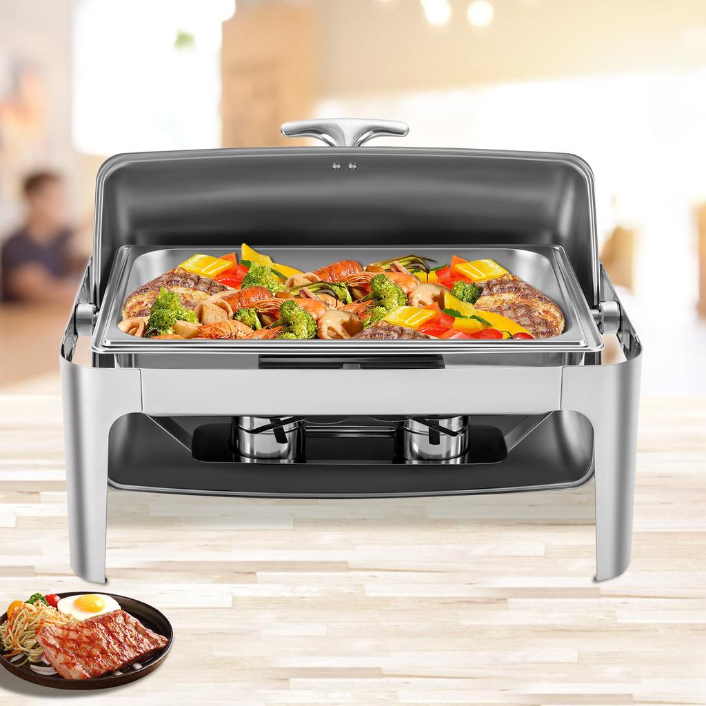 Roll Top Square Chafing Dish, Single Compartment 9L Buffet Server, 64x46x44cm Stainless Steel Food Warmer, Catering Supplies