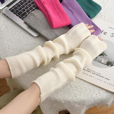 Korean Women's Warm Fingerless Knitted Arm Sleeves - Half-Finger, Long, Solid Color for Autumn/Winter