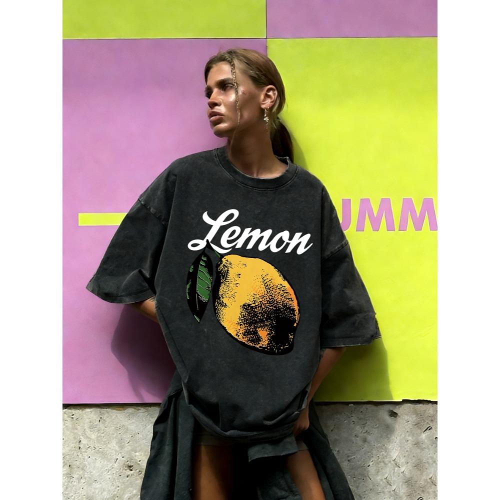 Natural Fresh Lemon Fruit Print Women Washed T Shirt Cotton T-Shirts Vintage Loose Short Sleeves Breathable