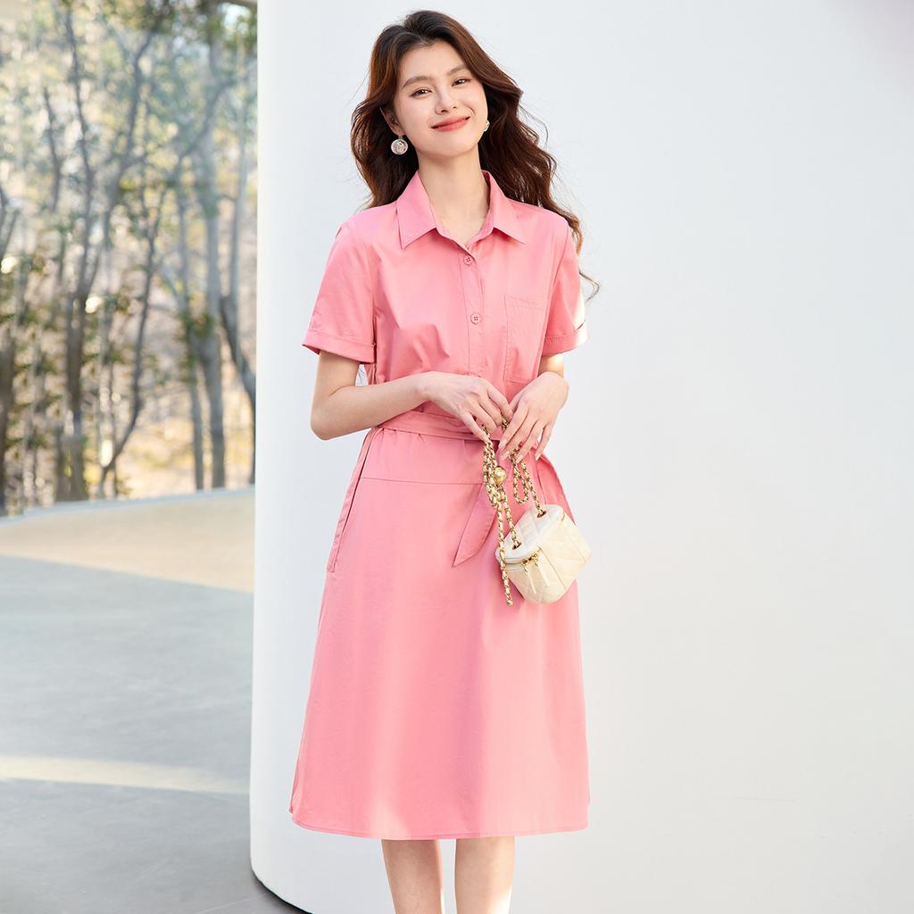 26 Year New Summer Casual High-end Shirt Skirt, Mid Length Skirt, Waist Cinching Elegant Short Sleeved Skirt, A-line Skirt, Dress, Skirt