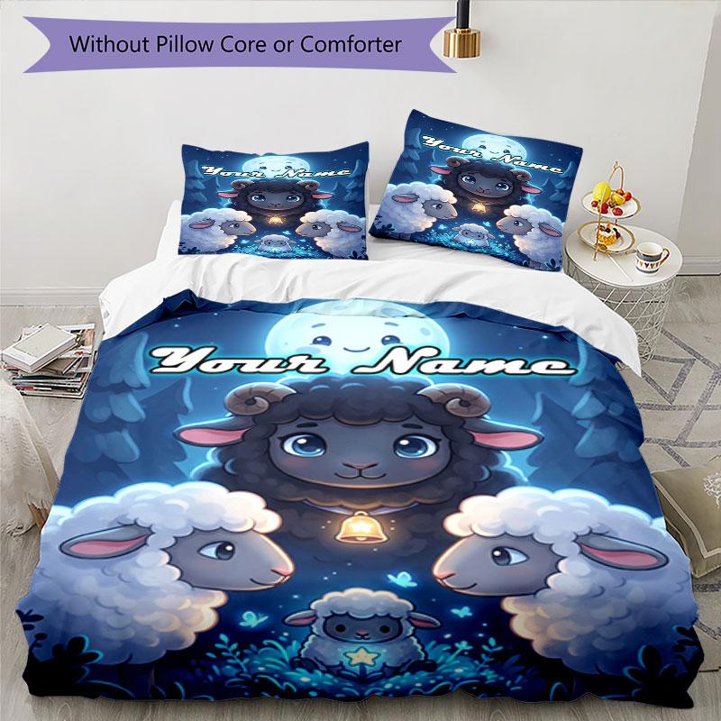 3PC Custom Name Moonlit Sheep Adventure Bedding Set Duvet Cover Closure Includes 1 Duvet Cover & 2 Pillowcases for Bedroom