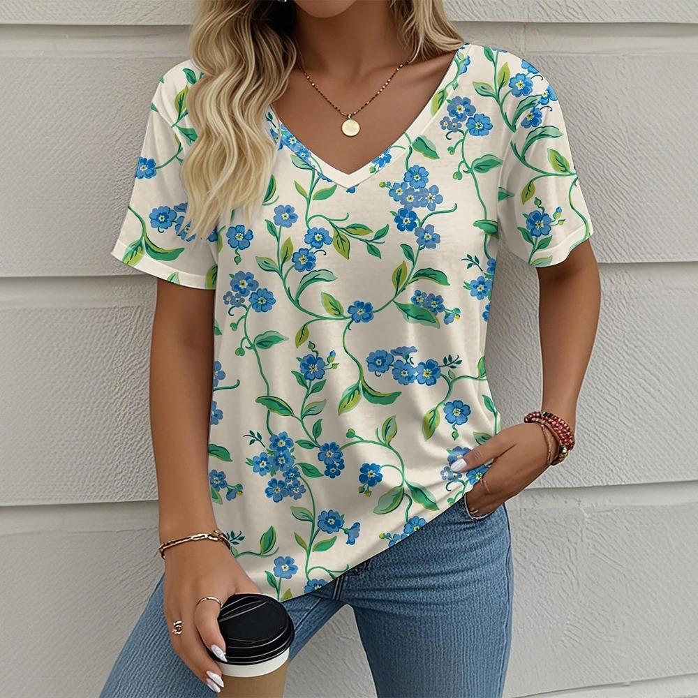 Women's Summer T-shirt Plant Flower Print Retro Fashion Casual Short-sleeved Street V-neck Women's Clothing