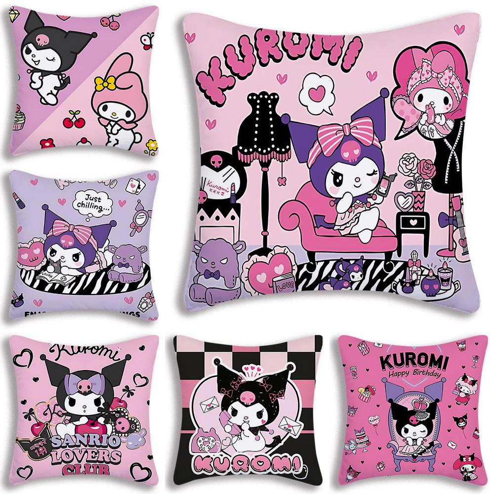 Kawaii Kuromi Sanrios Pillow Covers Cartoon Sofa Decorative Home Double-Sided Printing Short Plush Cute Cushion Cover