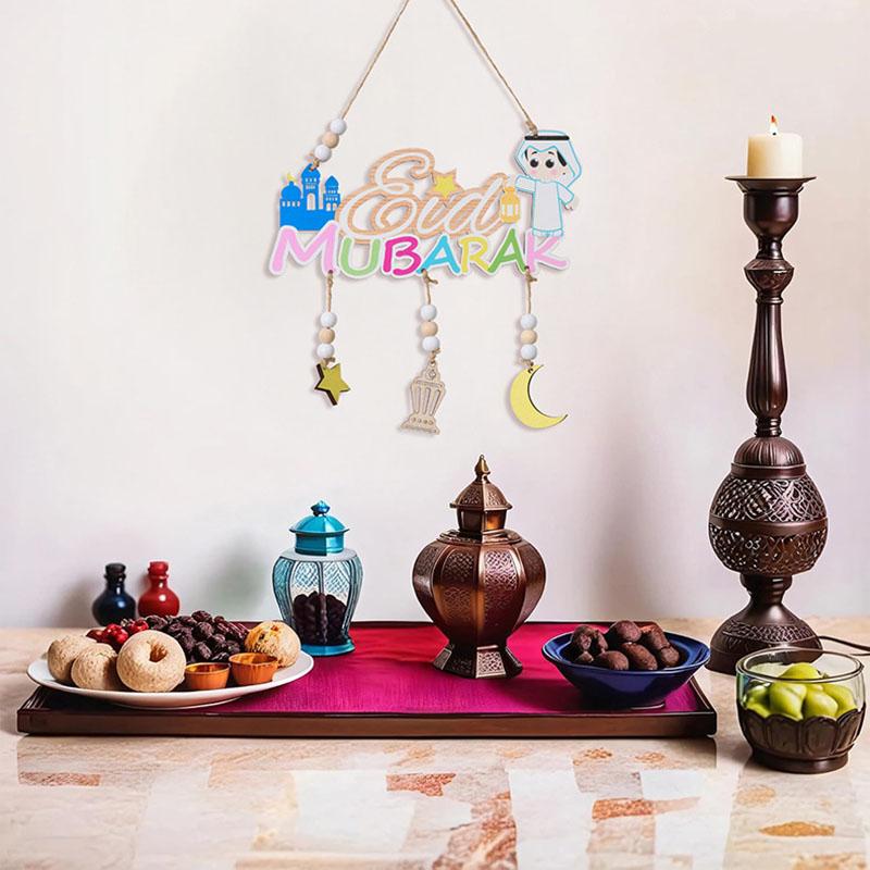 Wooden Letters Eid Mubarak Ornament Moon Castle Stars Door Hanging Pendant Eid Al Adha Gifts Ramadan Decorations for Home