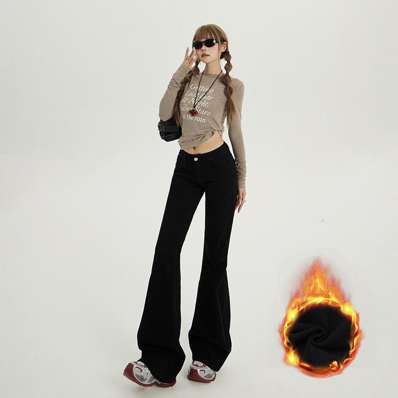 Flag-bottom Pants for Women In Autumn and Winter, Slightly Flared Jeans for Women In Autumn and Winter, Plush Jeans for Women In Autumn and Winter