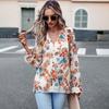 Elegant Floral Blouse for Women V Neck Lantern Sleeve Button Top Autumn Shirt