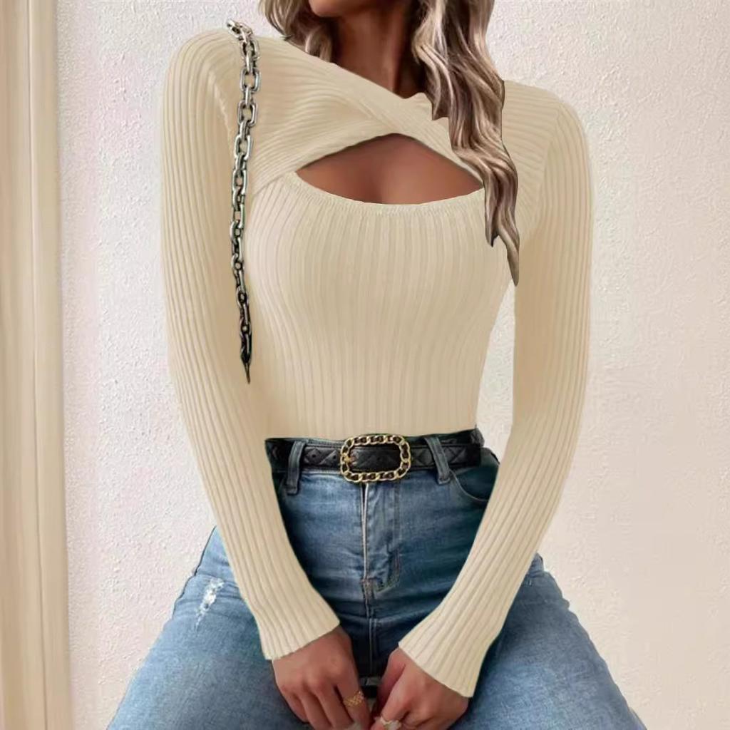 Women Elegant All-Season Ribbed Knit Sweater – Comfortable Crew Neck with Chic Cut-Out Detail, High-Stretch Polyester