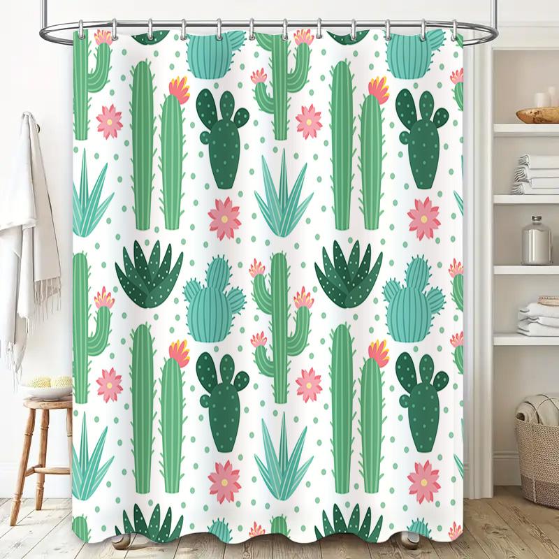 Green Cactus Shower Curtain Set Bathroom Decor Fabric Waterproof Shower Panels for Home Decoration Supplies