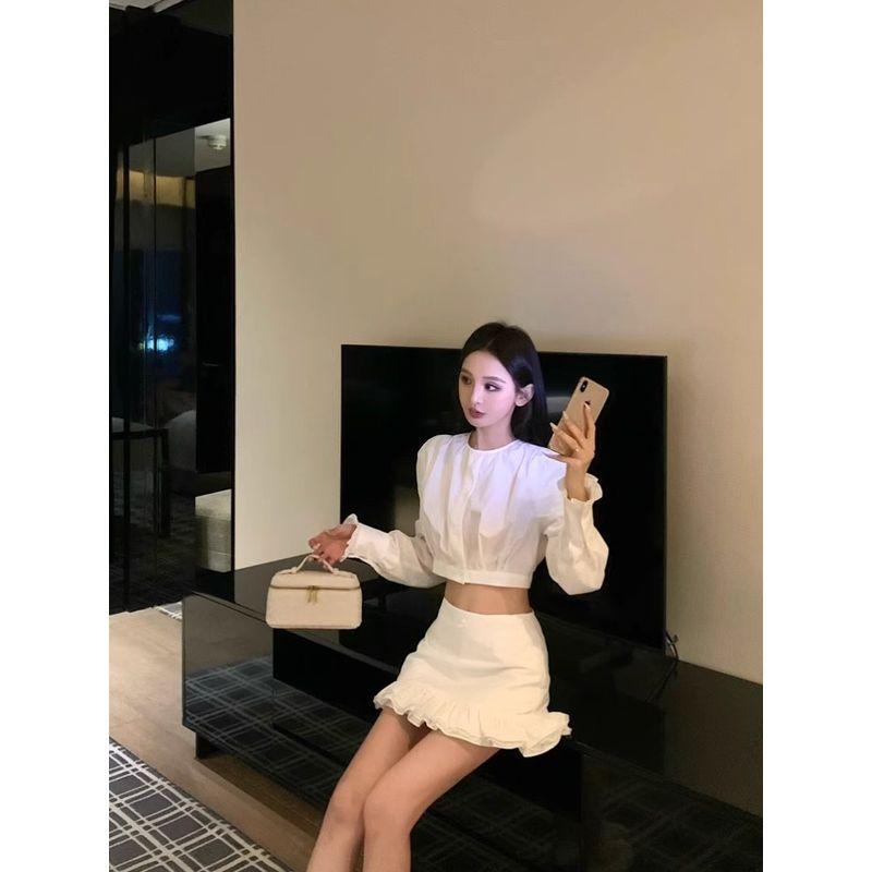 Kumikumi Fashion White Suit Short Long Sleeves Shirt Women's Autumn Slimming Easiest for Match Skirt Two-piece Set