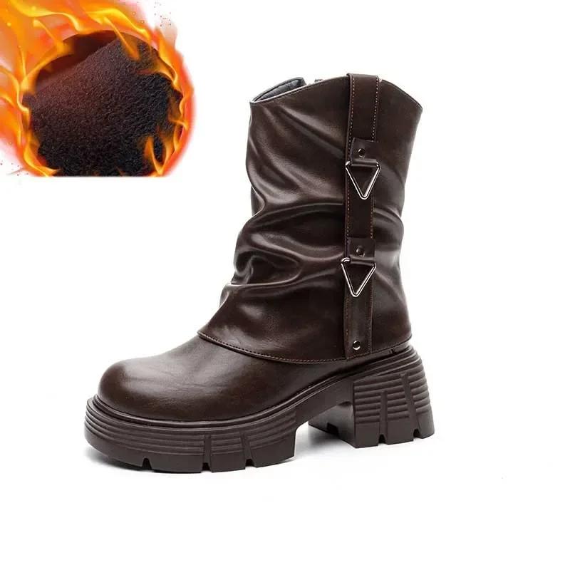 Fashion 6.5cm New Microfiber Leather Spring Round Toe Winter Plush Fashion Ladies Shoes Autumn Boots Women Ankle Booties Chimney