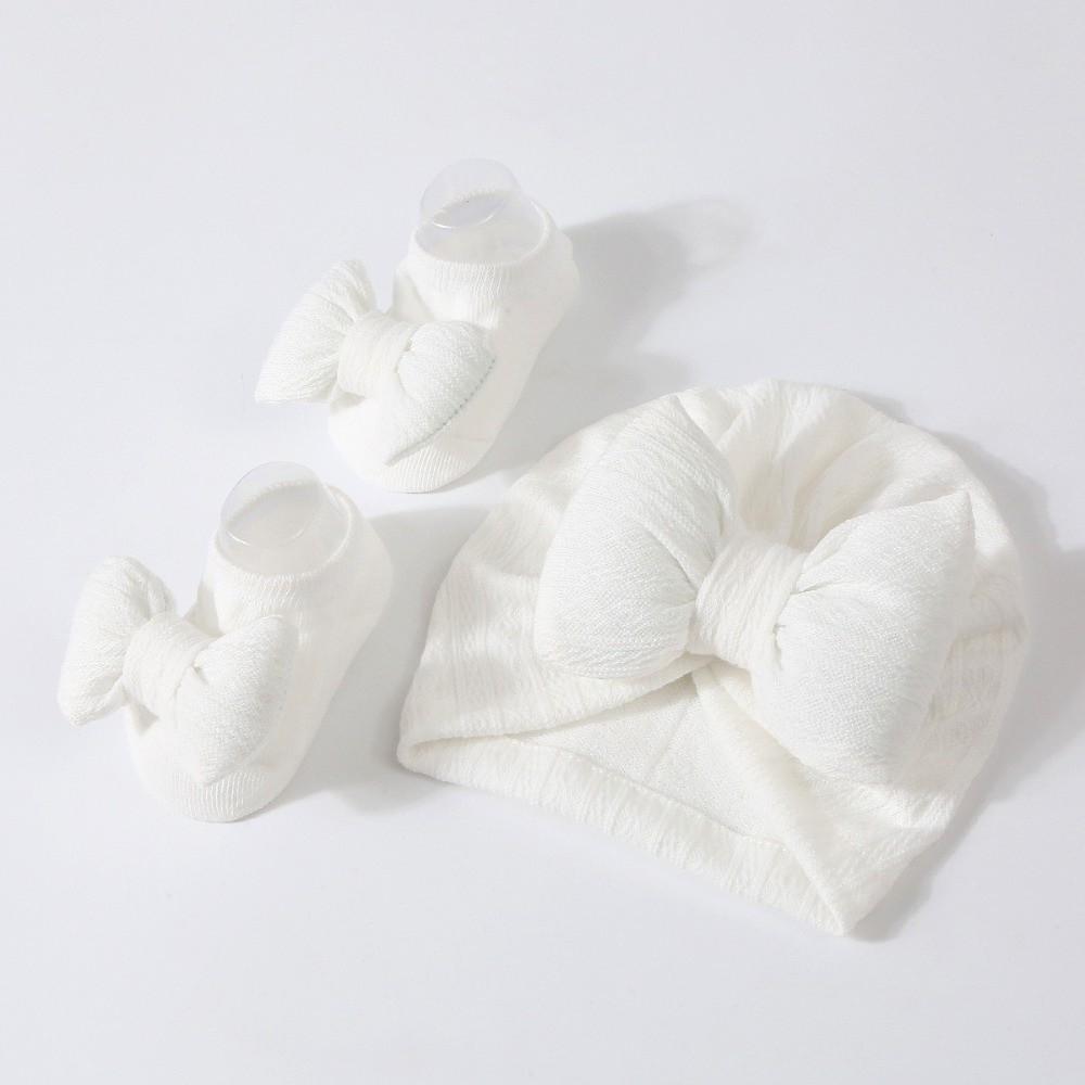 3Pcs/Set Bow Baby Fetal Cap 0-12 Months Newborn Turban Hat Indian Cap Baby Hat Socks Set Autumn