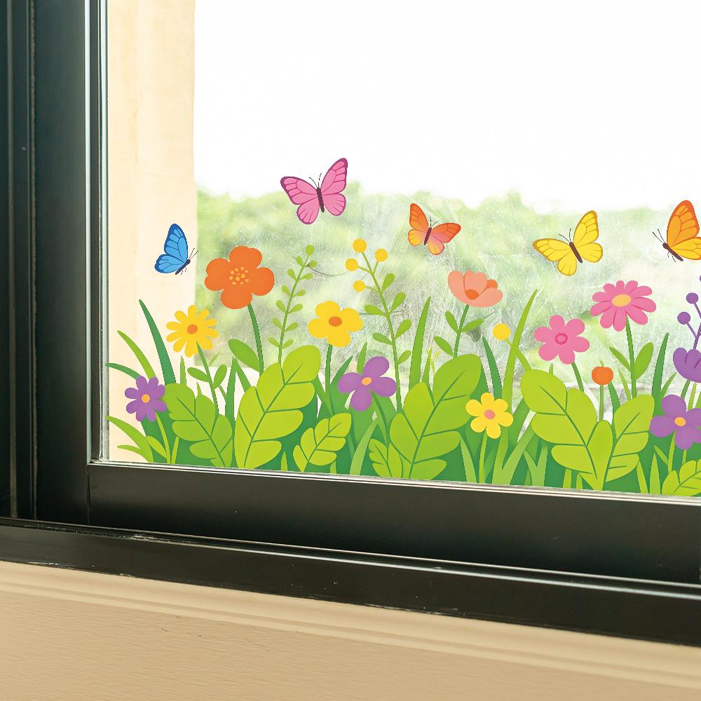 Simple and Fresh Grass, Flowers, Butterflies. Outdoor Balcony. Glass Windows. Window Stickers for Beautification.