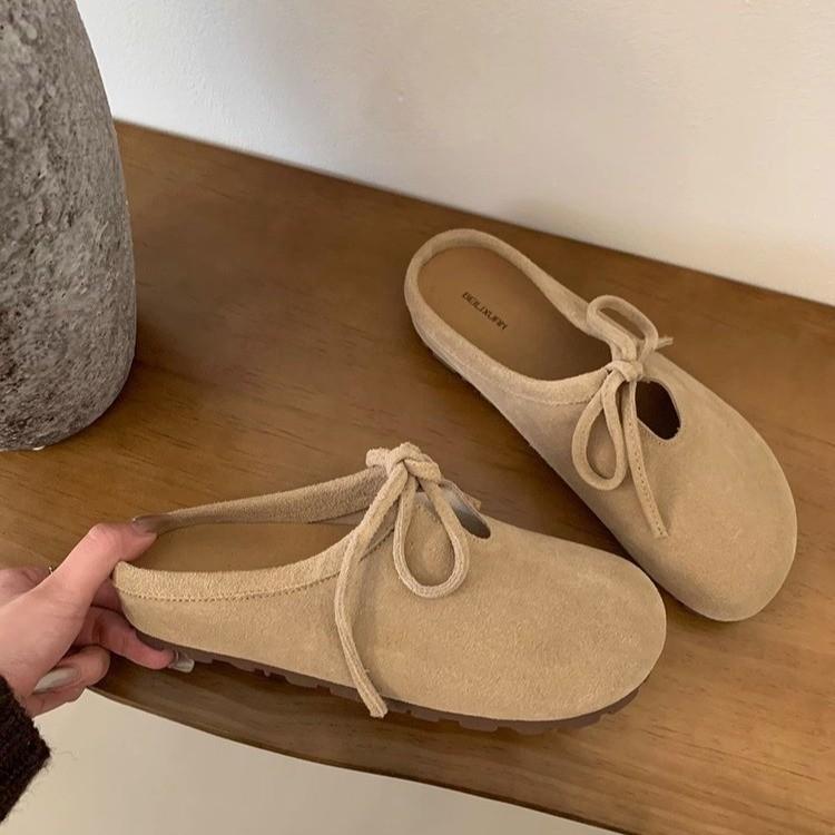 South Korea Dongdaemun women's shoes autumn new round head flat bottom bag head half slippers outside wearing lazy Mueller shoes