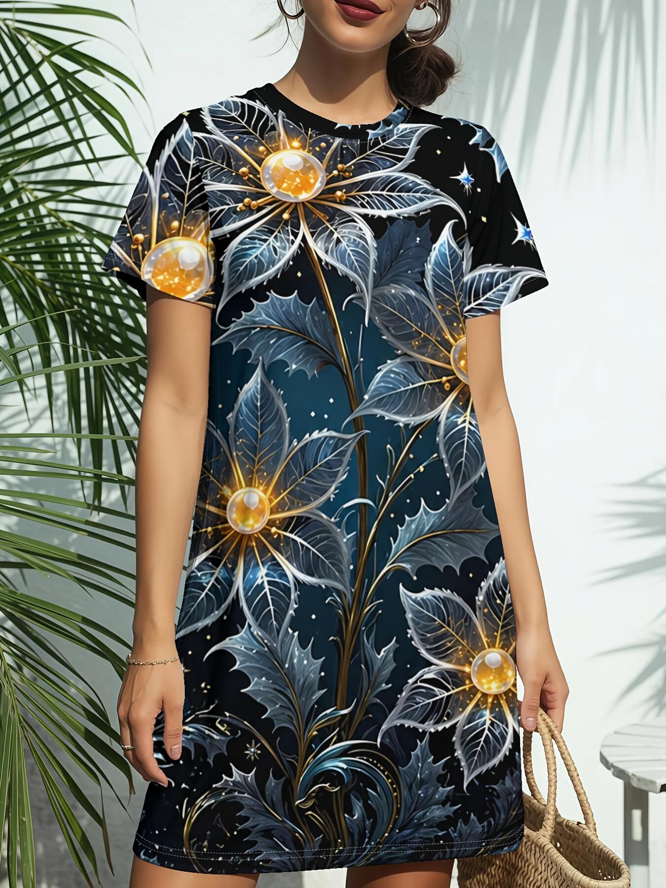 

Night Bloom New Women S Round Neck Short Sleeve T-Shirt Dress. American Style Trendy Digital Print. Casual And Versatile for Spring And Summer. Elegan XS дубильная кора