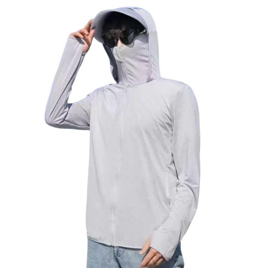 Men Summer Sun Protection Clothing Hooded Drawstring Long Sleeve UV Protection Coat Solid Color Zipper Placket Anti-UV Fishing Clothing