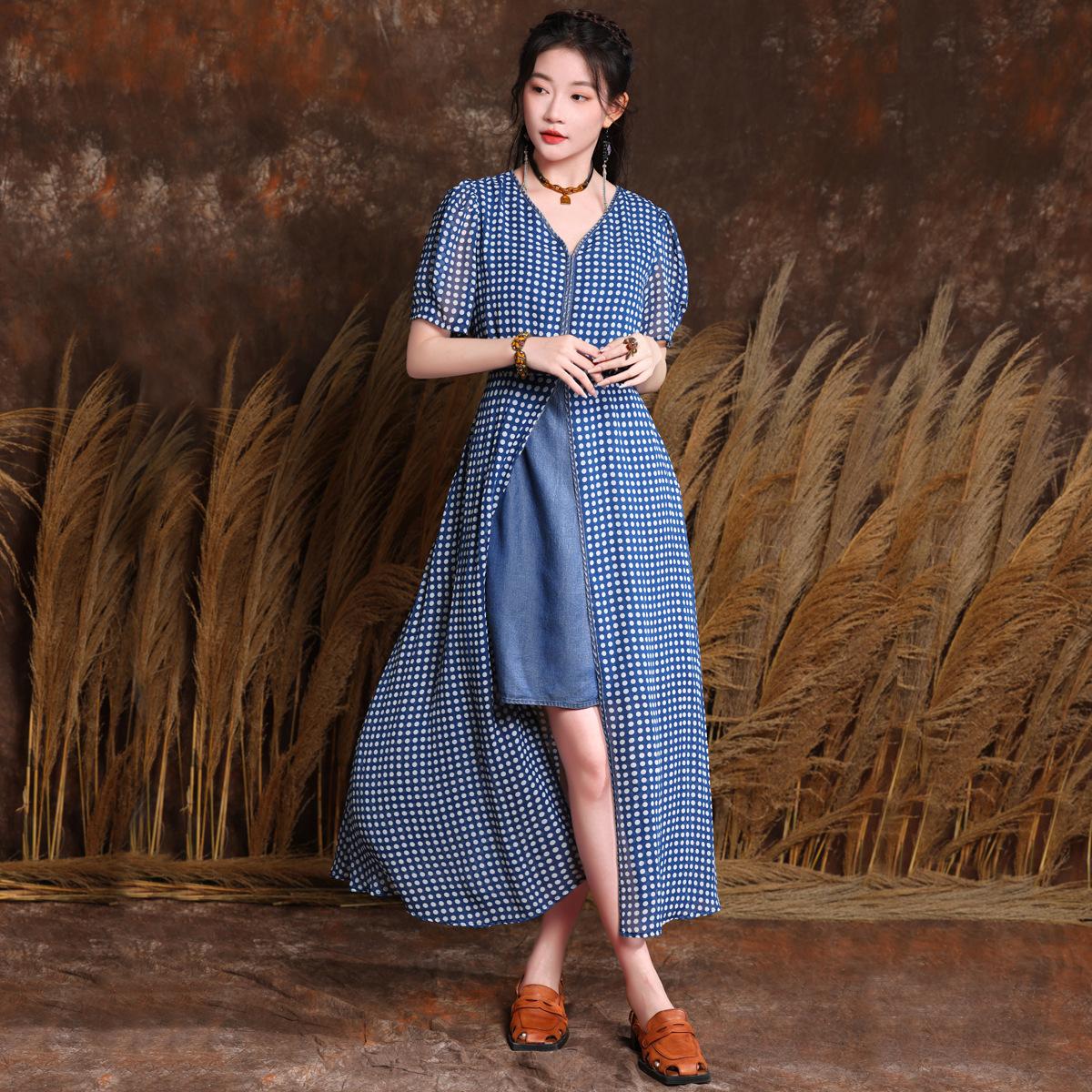 

Johnature Summer Women Vintage Polka Dots Dress Fashion Splicing Cotton Short Sleeves V-Neck Casual Dress XXXL синий