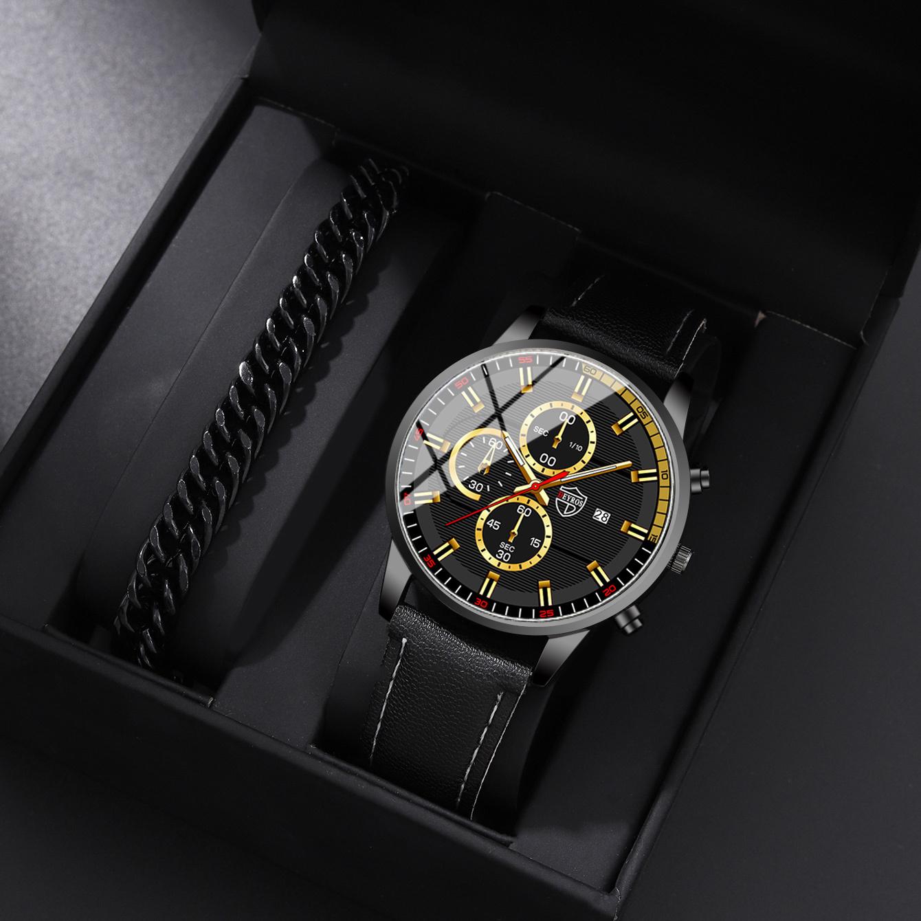 

Набор из 2 предметов DEYROS, модные мужские часы, роскошные мужские часы с кожаным ремешком и календарем, повседневные мужские кварцевые часы, лучший подарок для мужчин