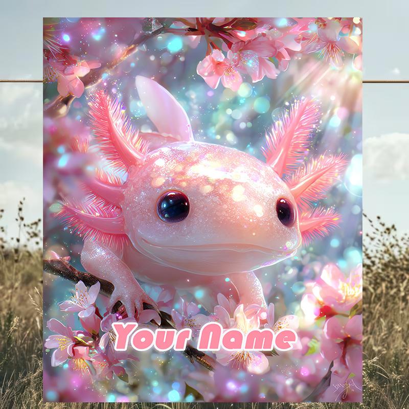 1PC Custom Name Axolotl Blossom Garden Outdooor Flannel Blankets Patterns Throw Blanket All-Season Soft Gift for Couch, Bed, Camping Gifts