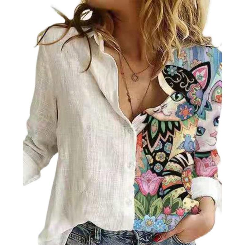 Tier Muster Damenhemd Weißes Oberteil Langarm Revers Lässig Bedruckte Strickjacke Tops