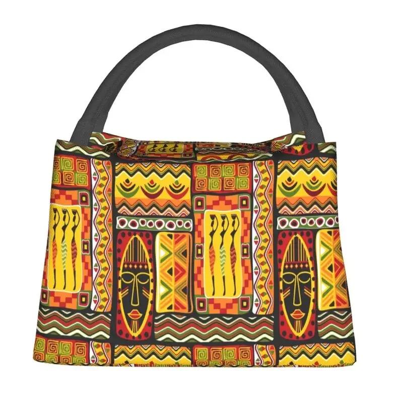 African Elements Pattern Insulated Lunch Bags Women Africa Culture Lunch Container for Outdoor Picnic Storage Meal Food Box