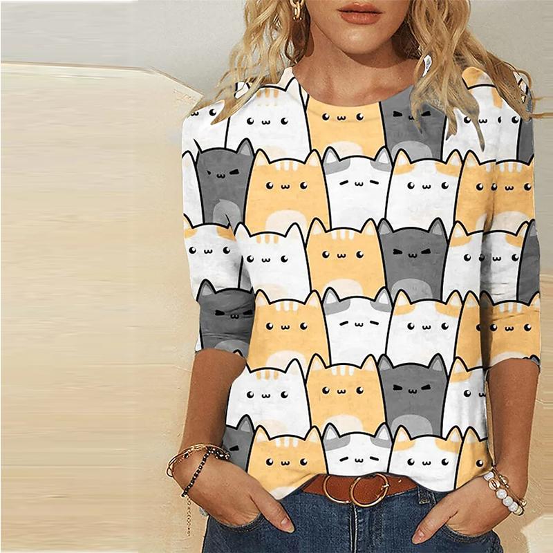 

Женские Осенние Топы Свободная Кошка Милые Зверюшки Принт Причинный Футболка Длинный Рукав Топ Блузка
