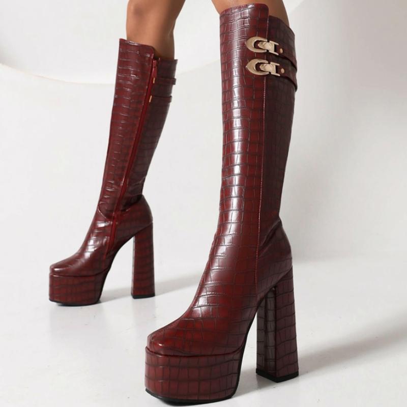 Black Knee High Boots For Women Platform Winter Shoes Green Heels Sexy Long Shoes Zipper Party Boots Lady Large Size