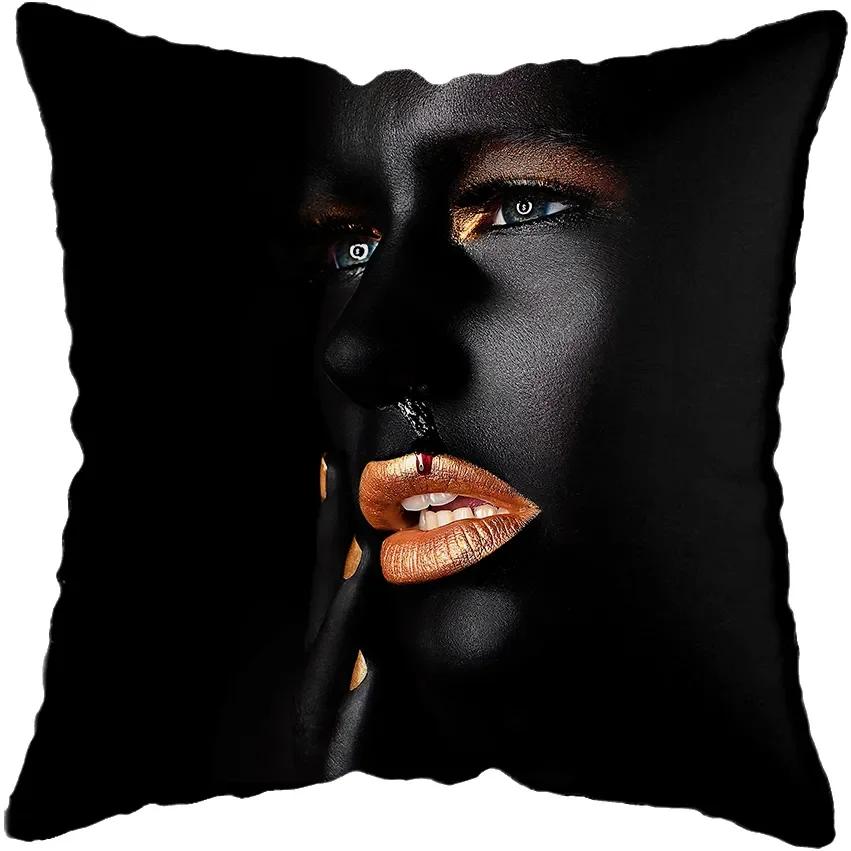 45*45CM Modern Living Room Black Gold African Lady Woman Style Look Art Deco Sofa Pillowcase Cushion Cover