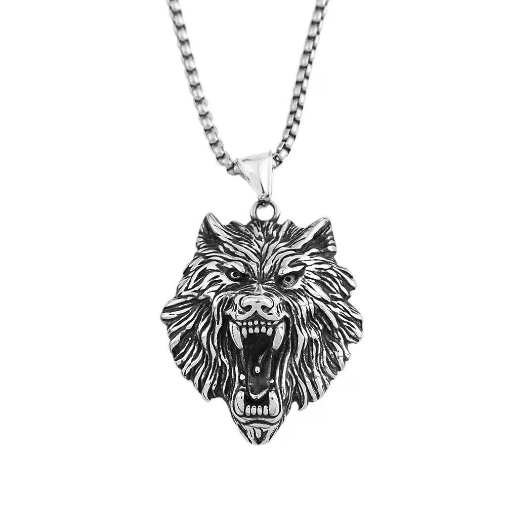 Punk Viking Wolf Head Pendant Necklace Gold Color Stainless Steel Odin Wolf Necklace Norse Mythology Jewelry Gifts Accessories