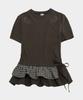 SOME PLACE Angel Beads Check Contrast Strap Point Layered Frill Short Sleeve T-Shirt [Brown]
