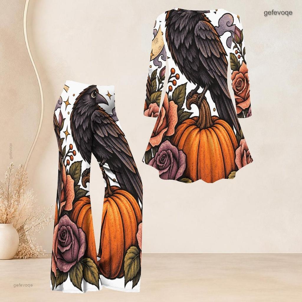 Women Plus Size Two Piece Set Round Neck Three Quarter Sleeve Bear Pumpkin Printed Flared Top And Flared Pants