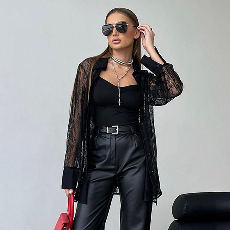 2024 Summer Fashion See-Through Black Lace Shirt for Women, Lightweight Long-Sleeve Outerwear, Mid-Length European and American Style Women s Clothing Black S