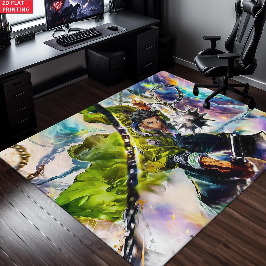 Anime Warrior Area Rug, Green Flame Chain Theme Floor Mat, Decorative Carpet for Gaming Room Bedroom, Washable Home Decor Gift